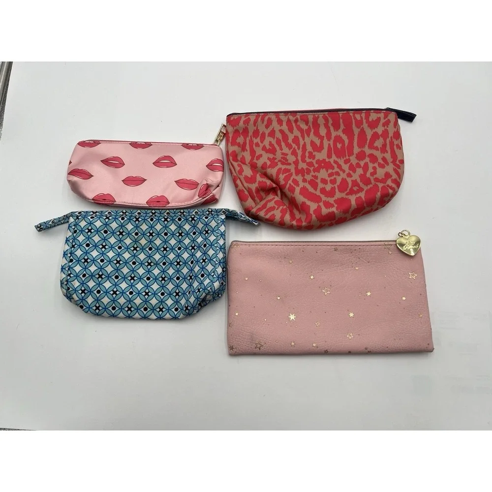 Lot of 4 Cosmetic Makeup Bags Pouches Lips Leopard Too Faced Blue Print